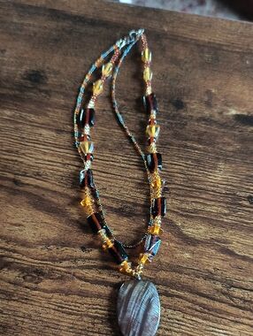 Handcrafted Amber and Brown Beaded Pendant Necklace